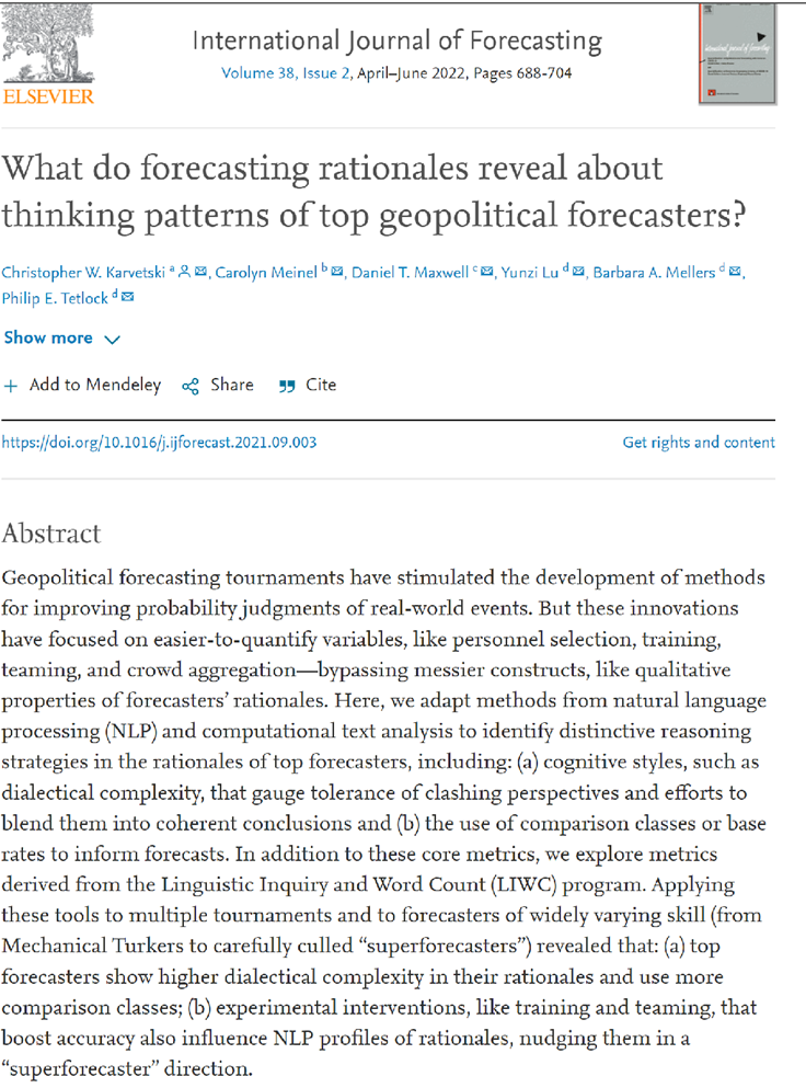 What do forecasting rationales reveal about thinking patterns of top geopolitical forecasters?